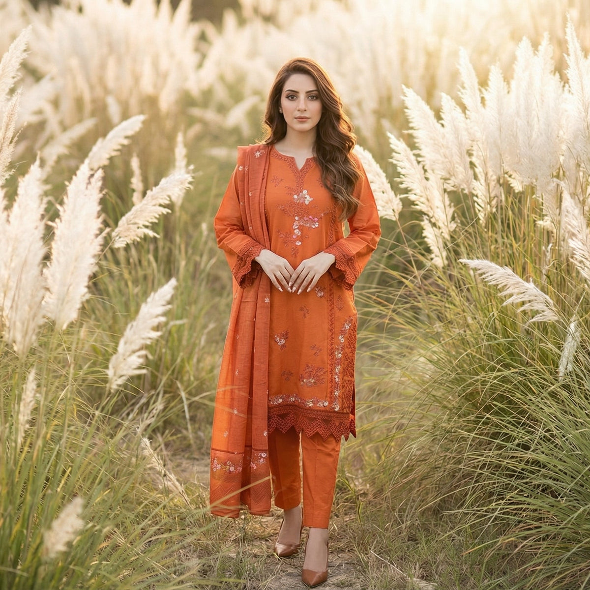 Amber Rust: Embroidered 3-Piece Cotton Lawn