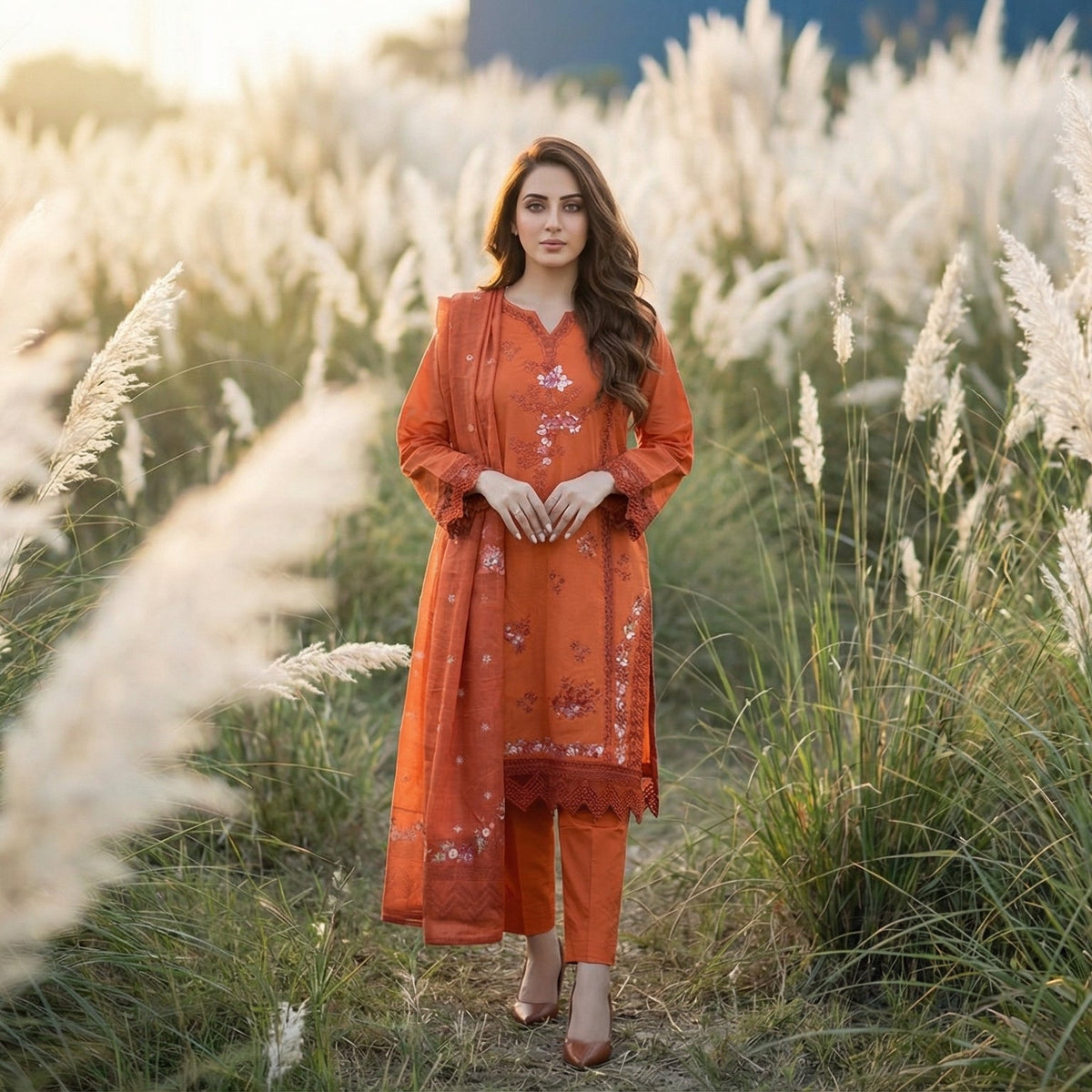 Amber Rust: Embroidered 3-Piece Cotton Lawn