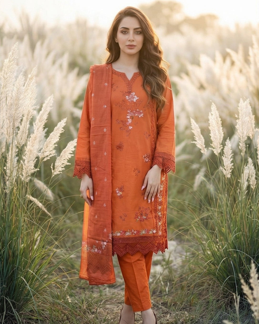 Amber Rust: Embroidered 3-Piece Cotton Lawn