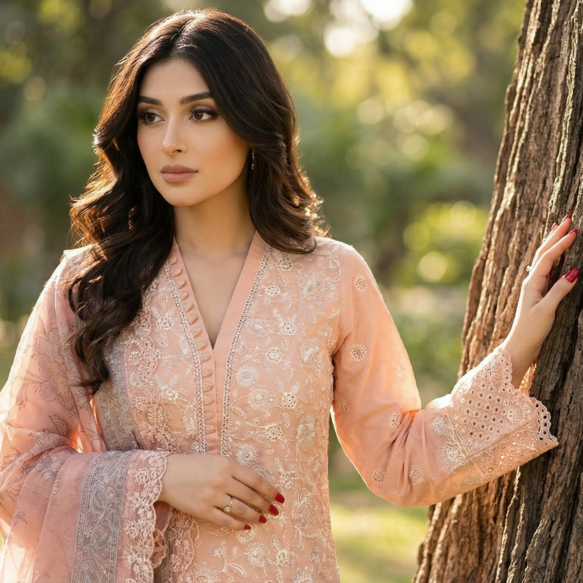 Romantic Peach: Embroidered 3-Piece Cotton Lawn