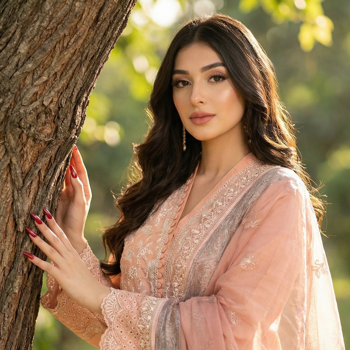 Romantic Peach: Embroidered 3-Piece Cotton Lawn