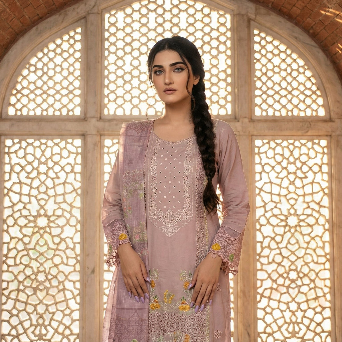 Dusky Rose: Embroidered 3-Piece Cotton Lawn