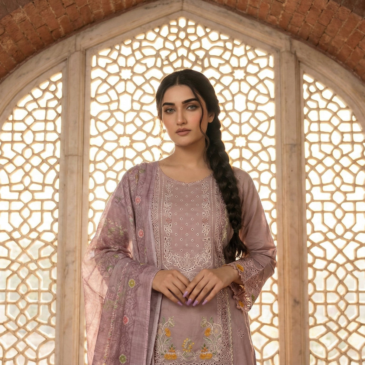 Dusky Rose: Embroidered 3-Piece Cotton Lawn