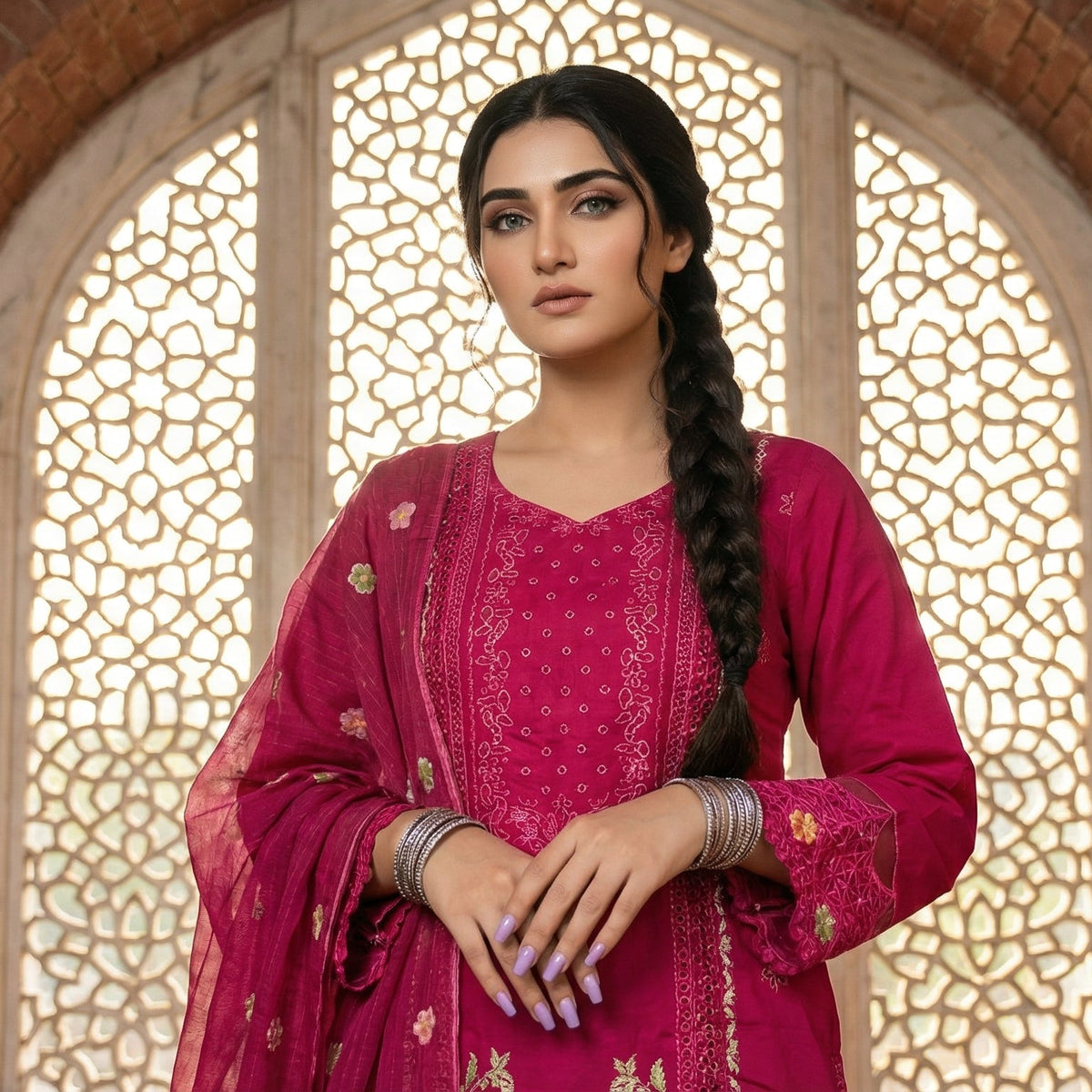Fuchsia Paradise: Embroidered 3-Piece Cotton Lawn