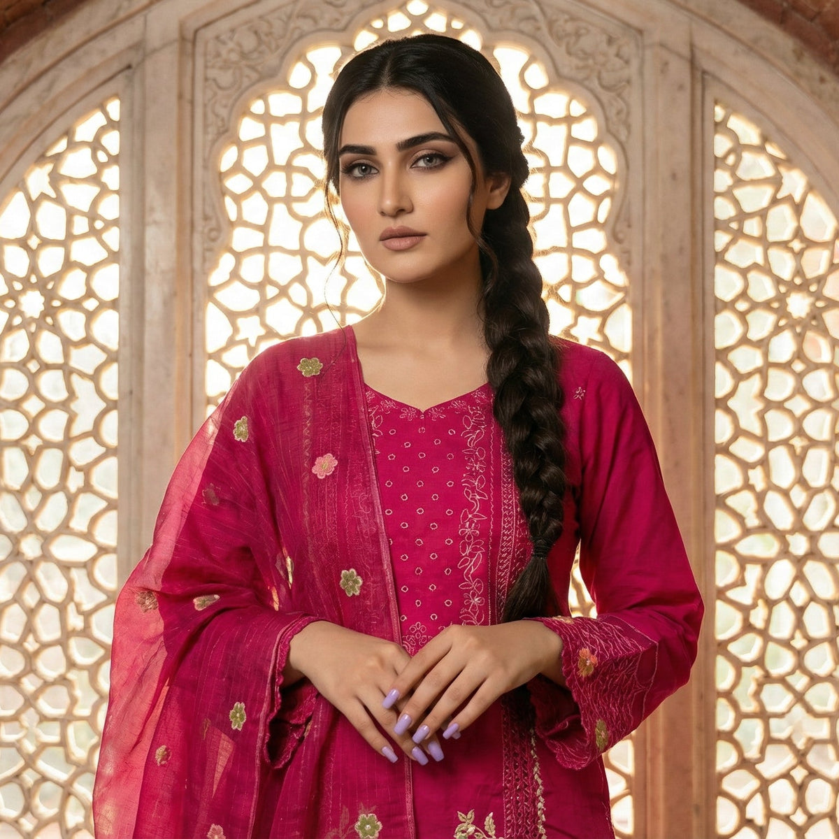 Fuchsia Paradise: Embroidered 3-Piece Cotton Lawn