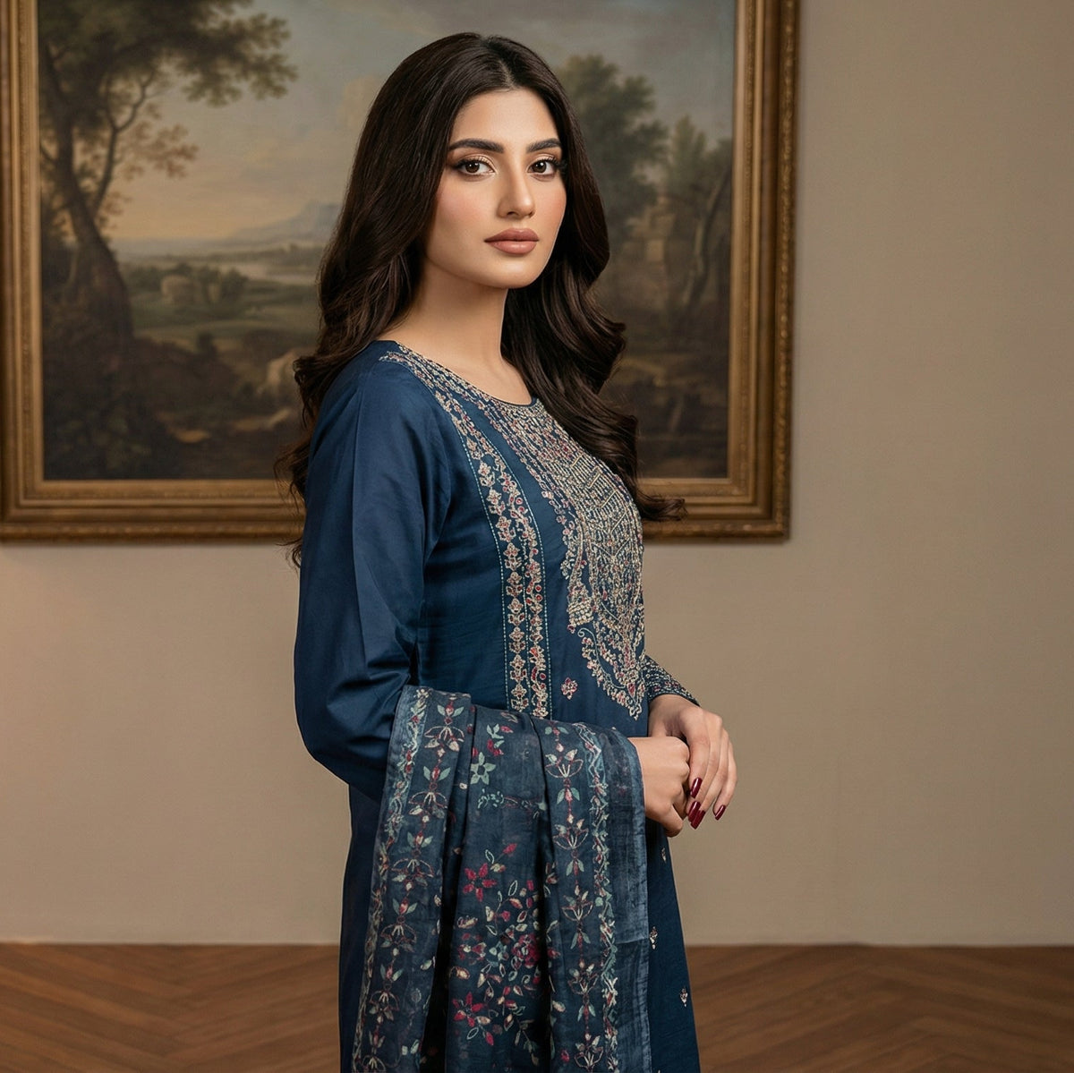 Deep Sapphire: Embroidered 3-Piece Cotton Lawn