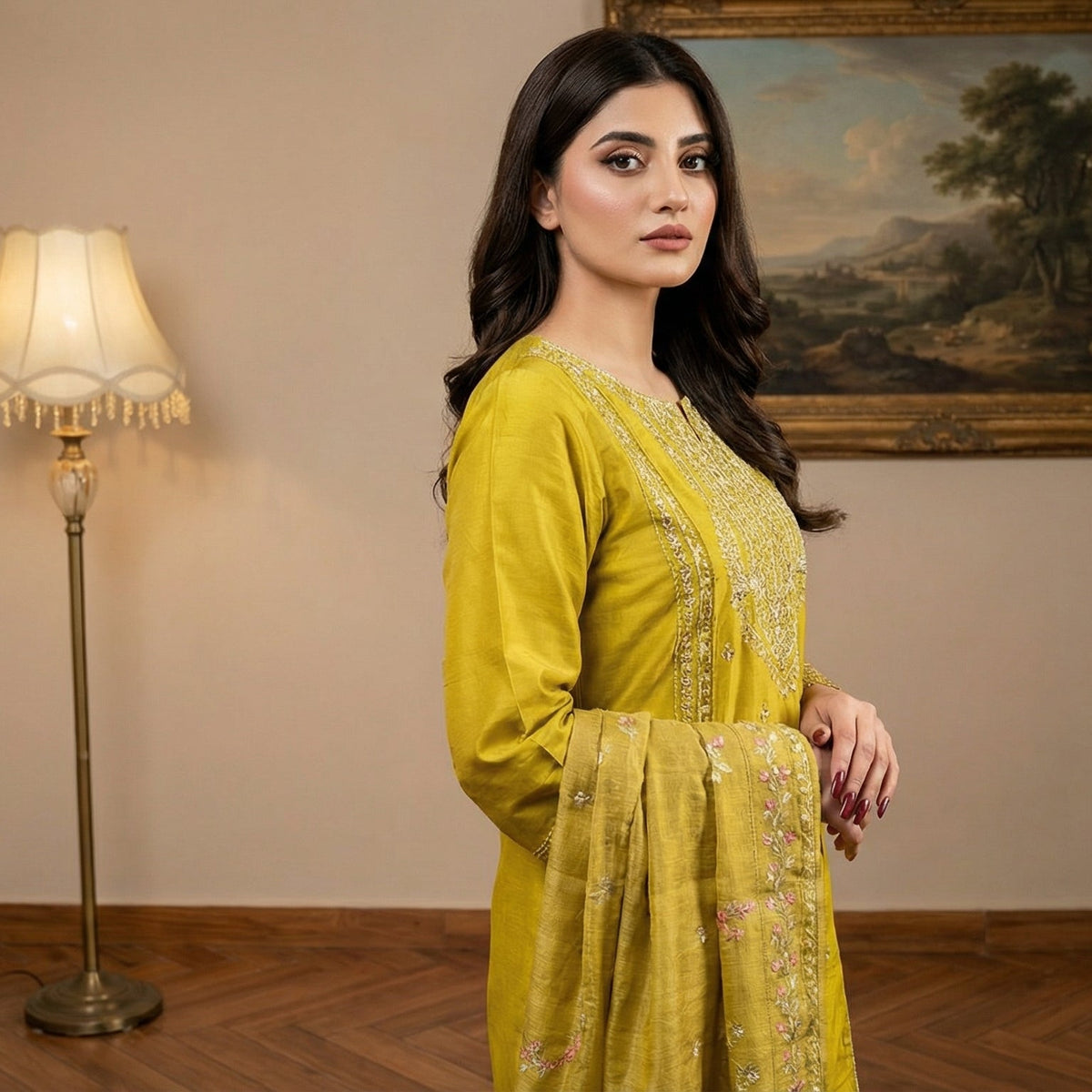Radiant Olive: Embroidered 3-Piece Cotton Lawn