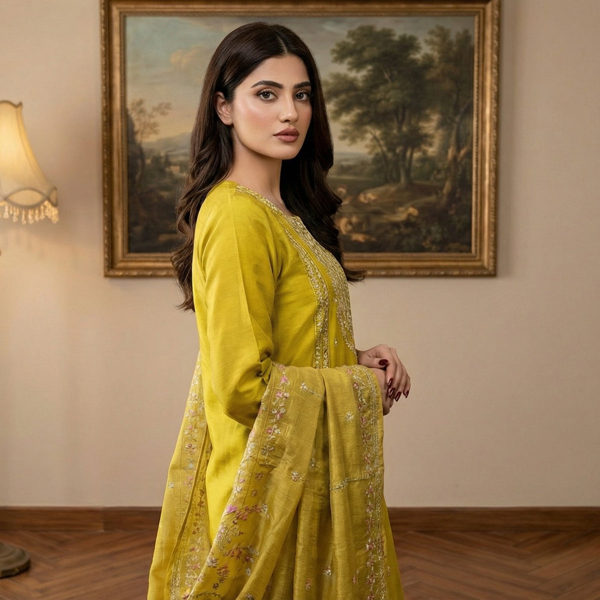 Radiant Olive: Embroidered 3-Piece Cotton Lawn