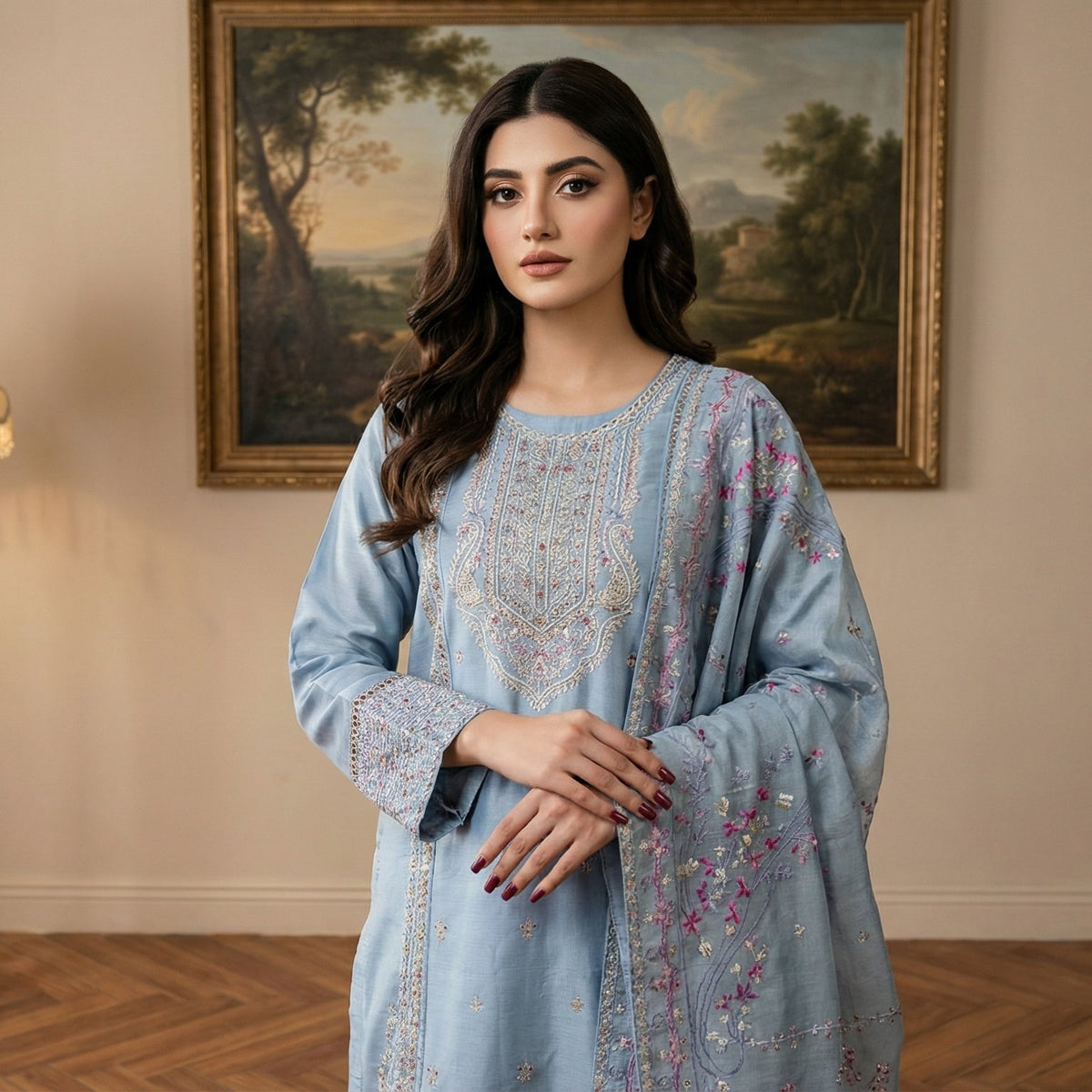 Cerulean Mist: Embroidered 3-Piece Cotton Lawn