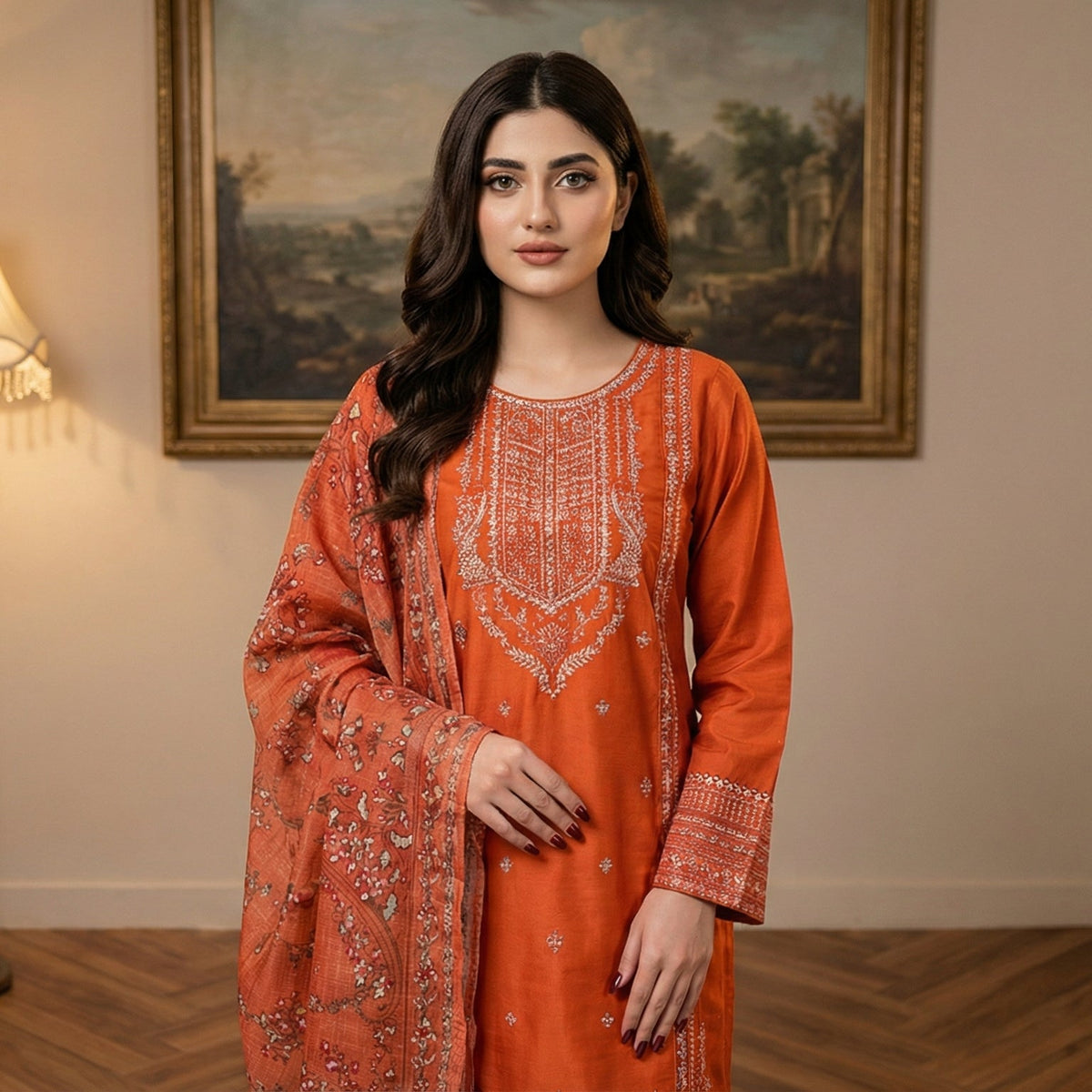 Terracotta Sunset: Embroidered 3-Piece Cotton Lawn