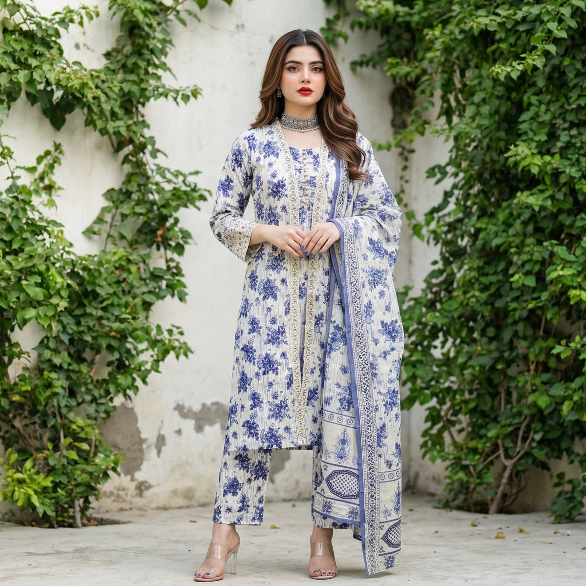 Azure Botanica: Printed 3-Piece Lawn Gown