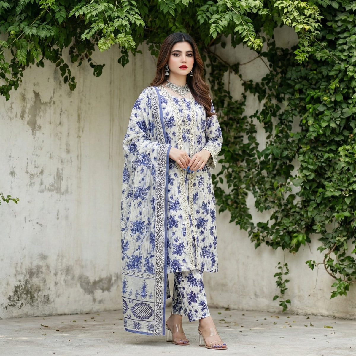 Azure Botanica: Printed 3-Piece Lawn Gown