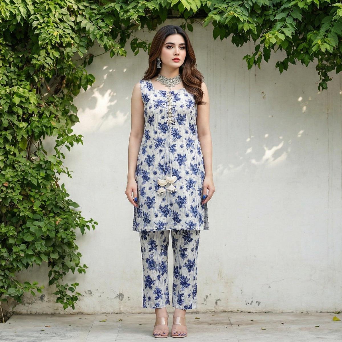 Azure Botanica: Printed 3-Piece Lawn Gown