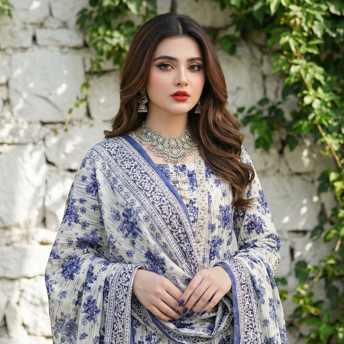 Azure Botanica: Printed 3-Piece Lawn Gown