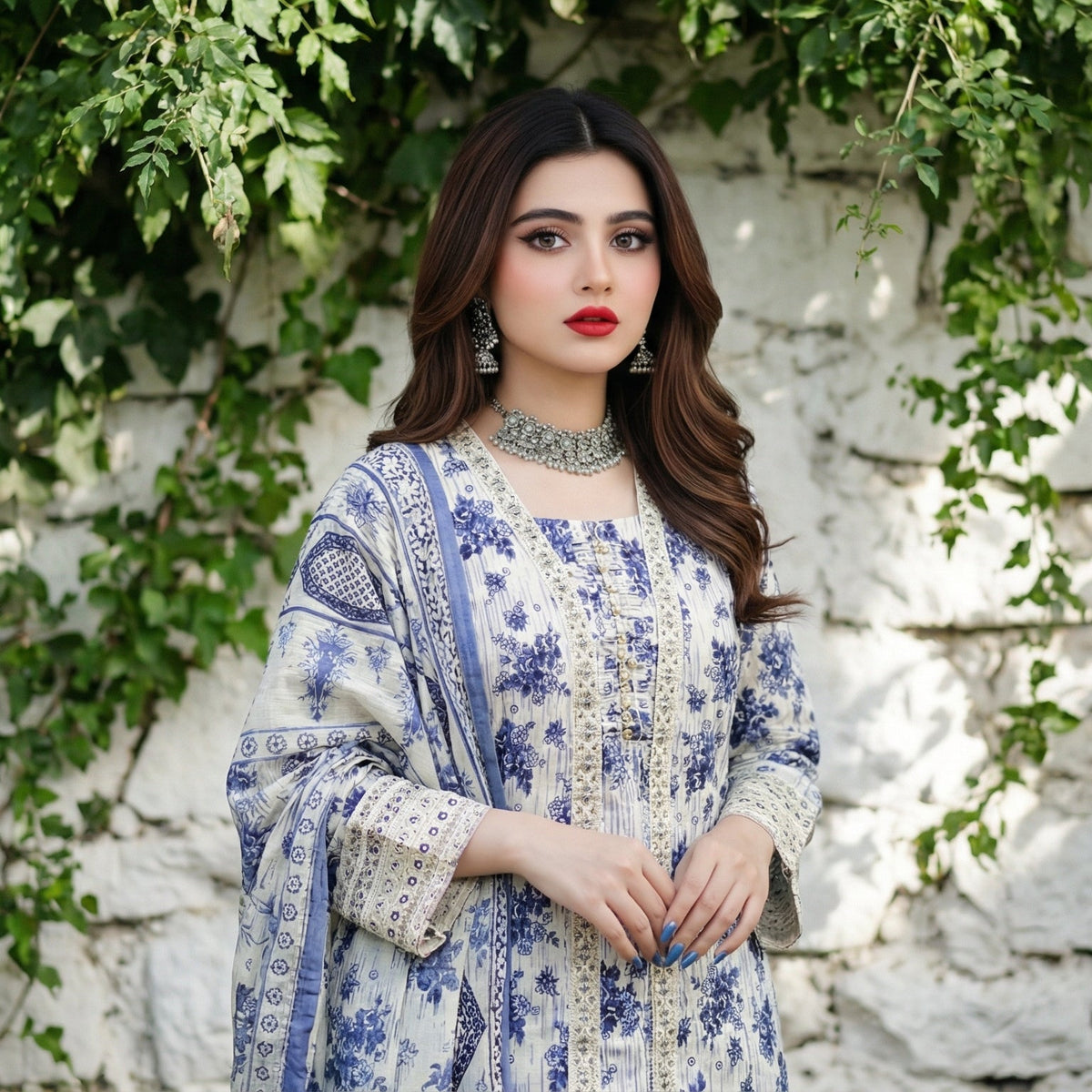 Azure Botanica: Printed 3-Piece Lawn Gown