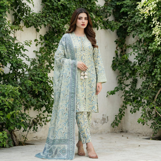 Sage Botanical: Printed 3-Piece Lawn Gown