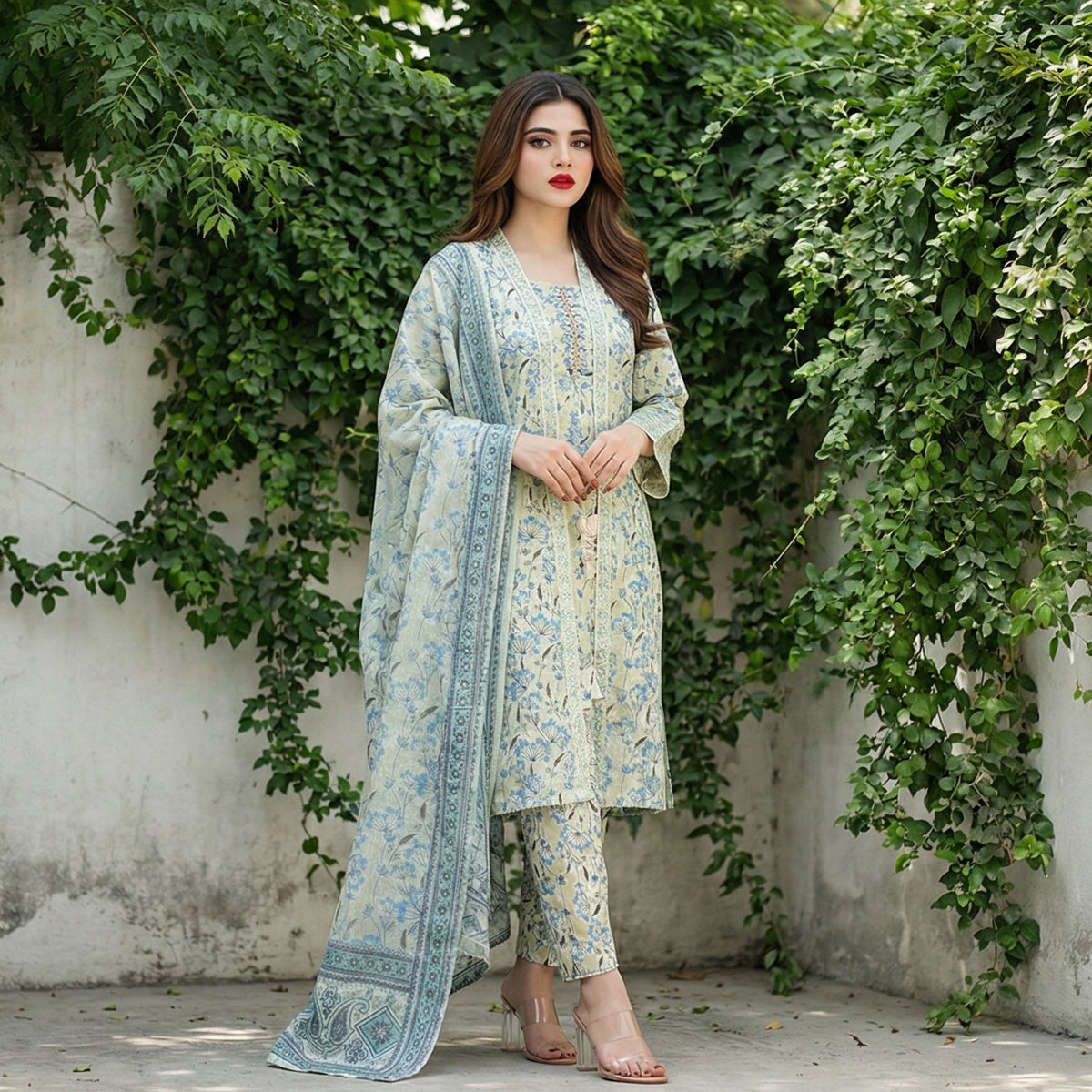 Sage Botanical: Printed 3-Piece Lawn Gown