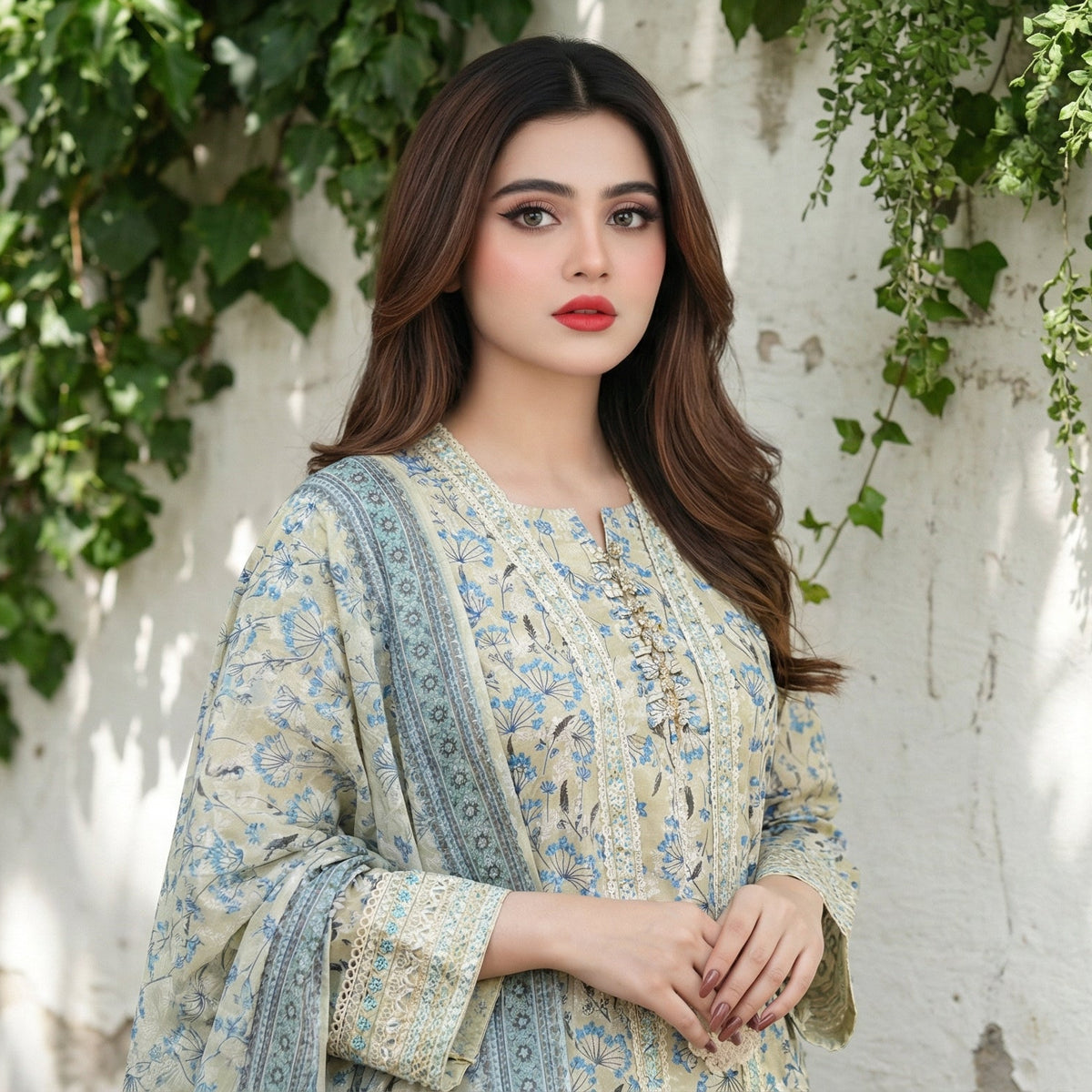 Sage Botanical: Printed 3-Piece Lawn Gown