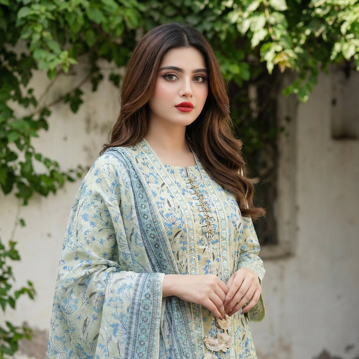 Sage Botanical: Printed 3-Piece Lawn Gown