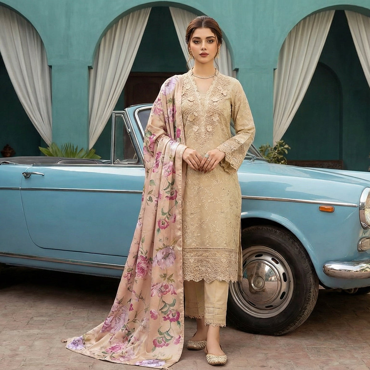 Husn-Ara | Embroidered 3-Piece Cotton-Lawn