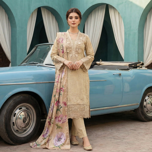 Husn-Ara | Embroidered 3-Piece Cotton-Lawn