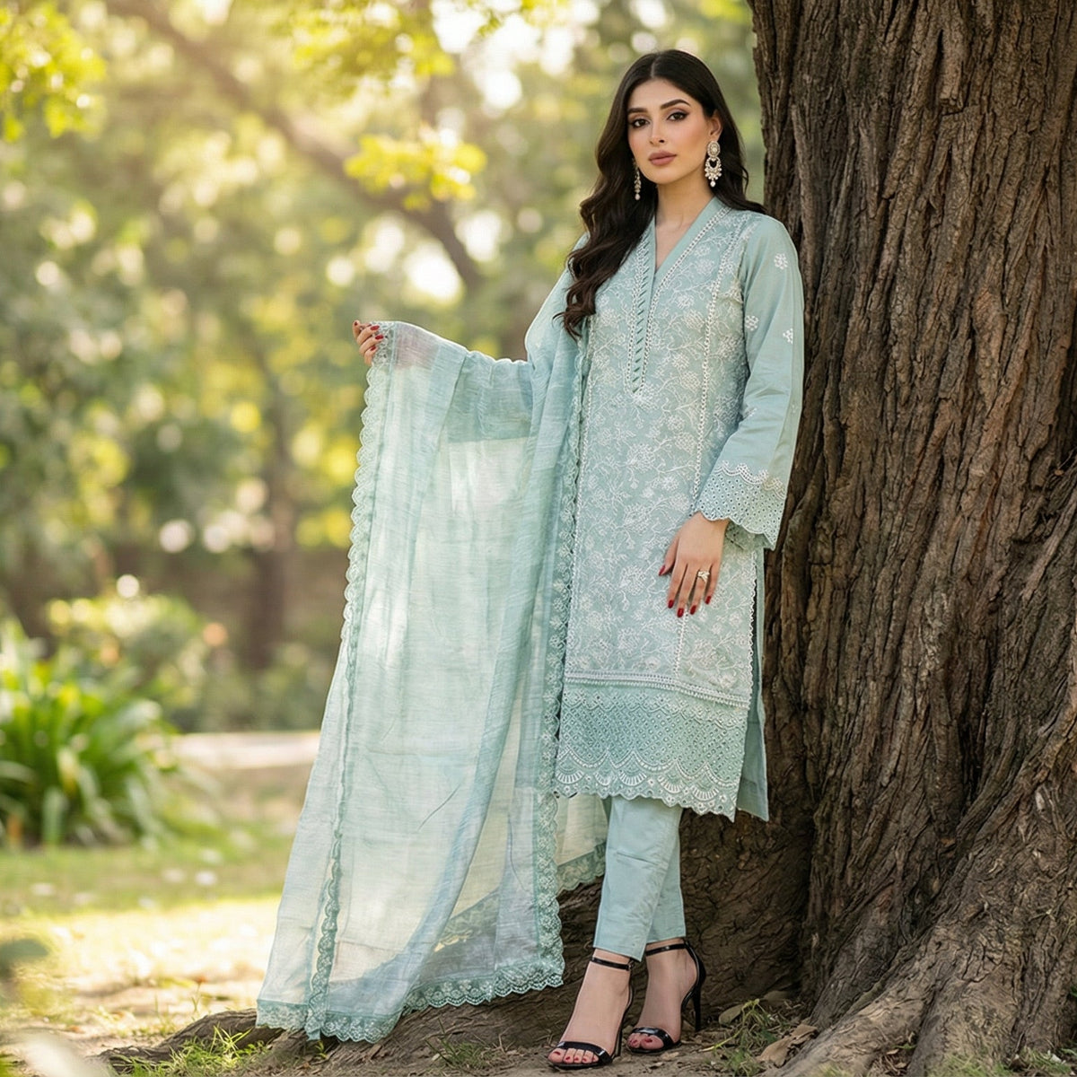 Celestial Mint: Embroidered 3-Piece Cotton Lawn