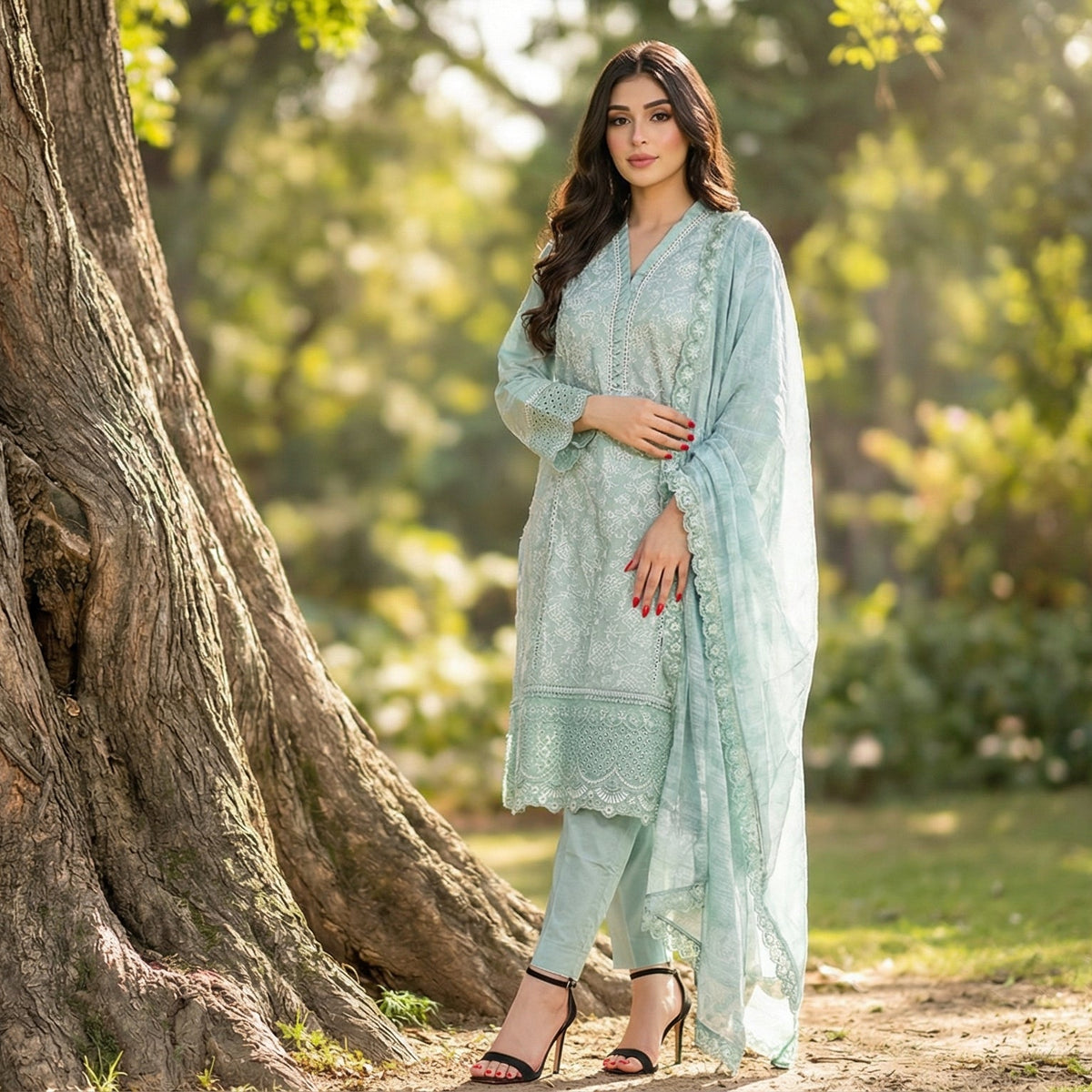 Celestial Mint: Embroidered 3-Piece Cotton Lawn