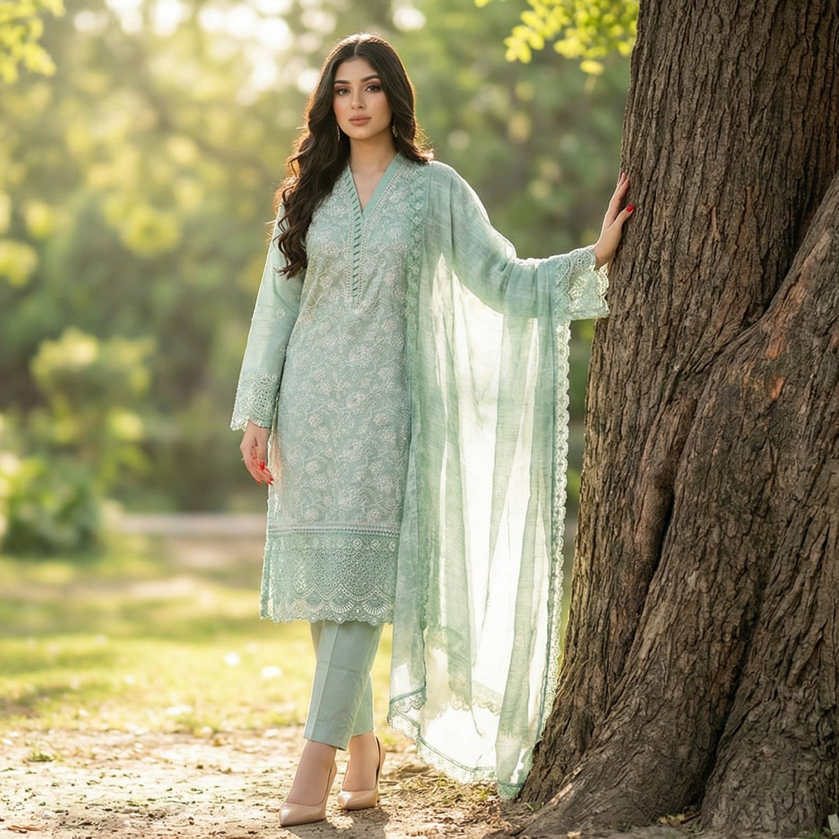 Celestial Mint: Embroidered 3-Piece Cotton Lawn