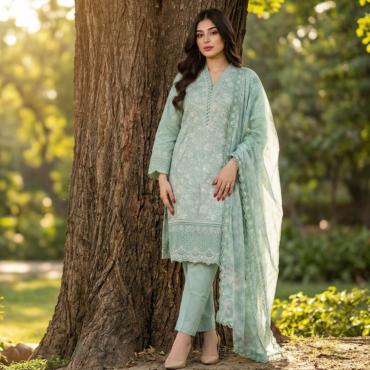 Celestial Mint: Embroidered 3-Piece Cotton Lawn