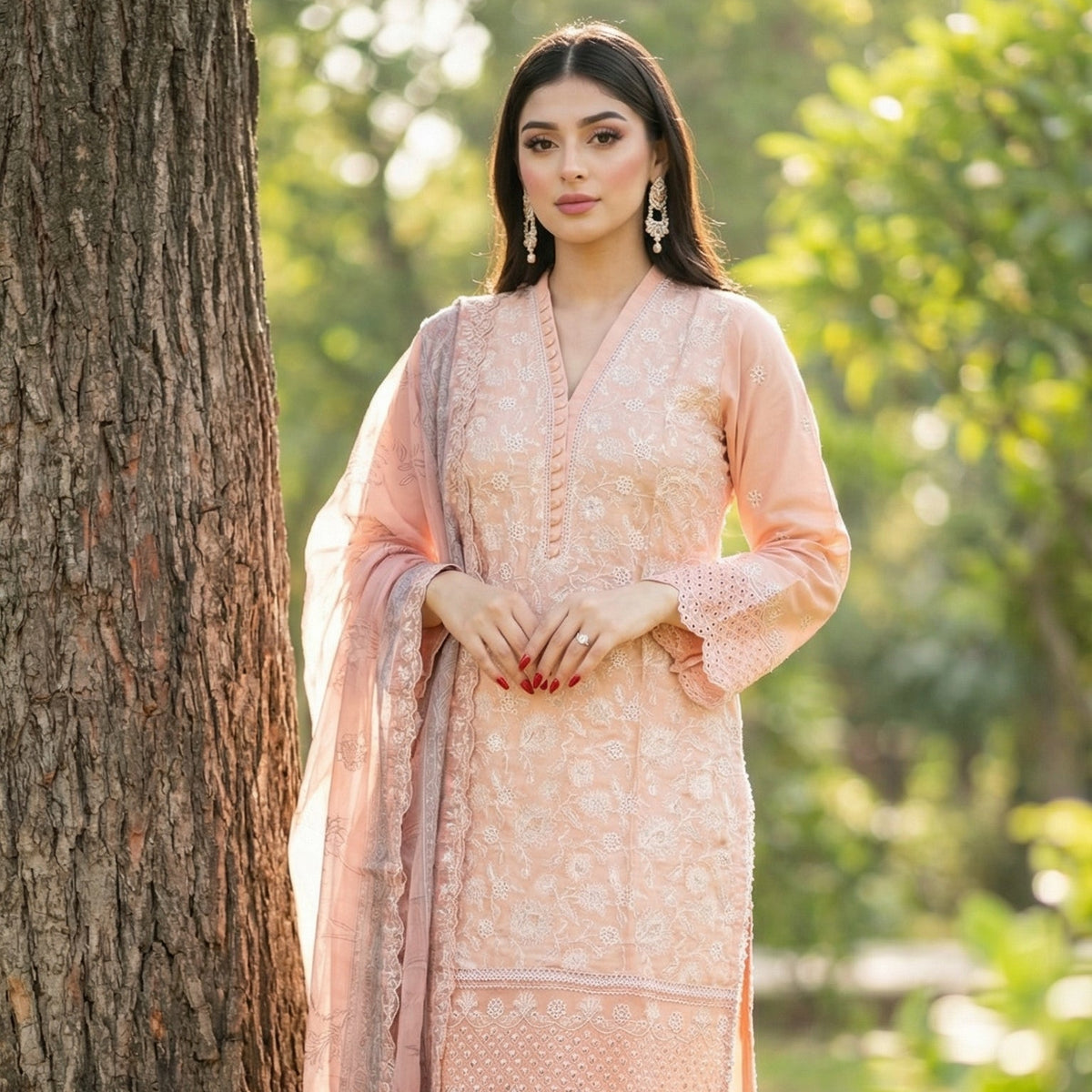 Romantic Peach: Embroidered 3-Piece Cotton Lawn