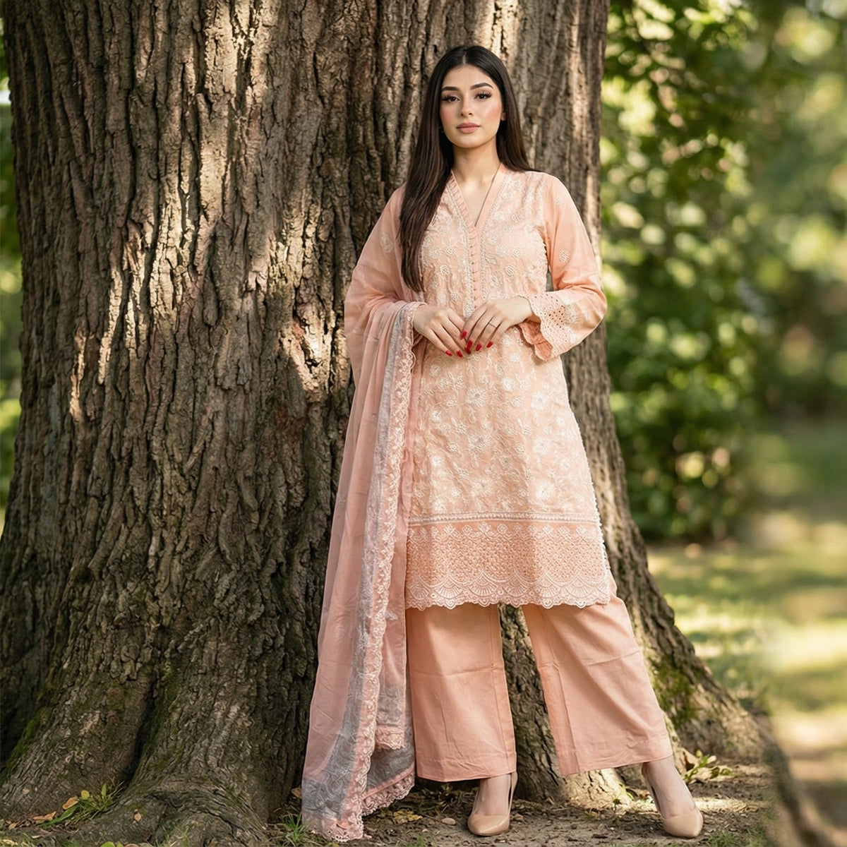 Romantic Peach: Embroidered 3-Piece Cotton Lawn