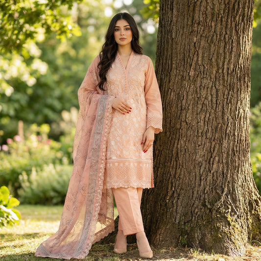 Romantic Peach: Embroidered 3-Piece Cotton Lawn