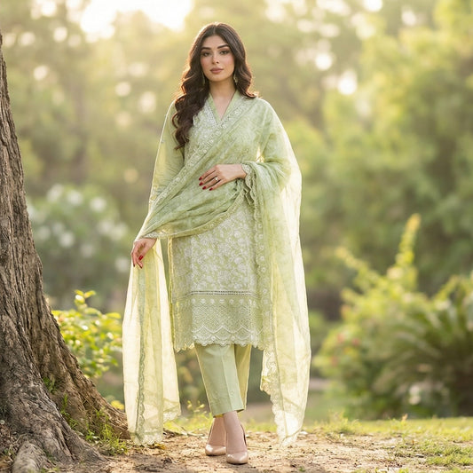 Subtle Sage: Embroidered 3-Piece Cotton Lawn