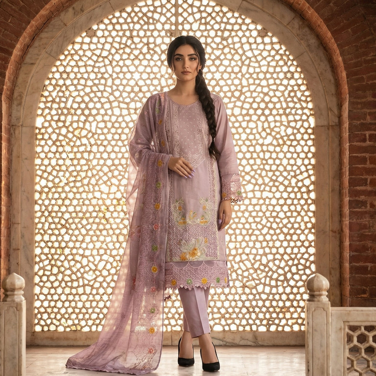 Dusky Rose: Embroidered 3-Piece Cotton Lawn