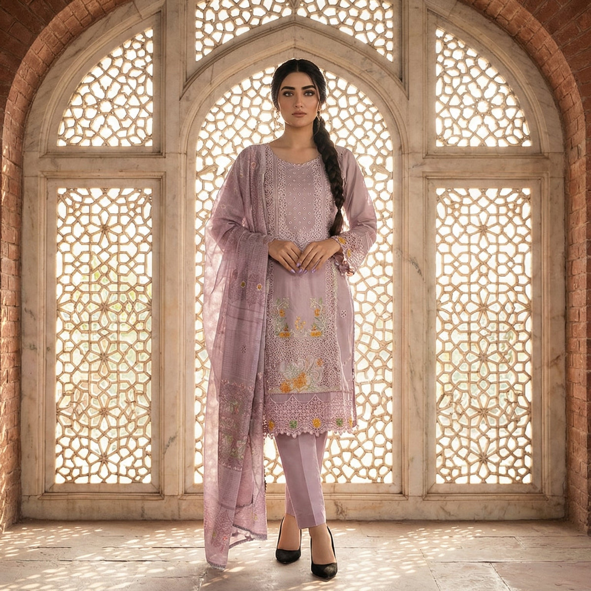 Dusky Rose: Embroidered 3-Piece Cotton Lawn