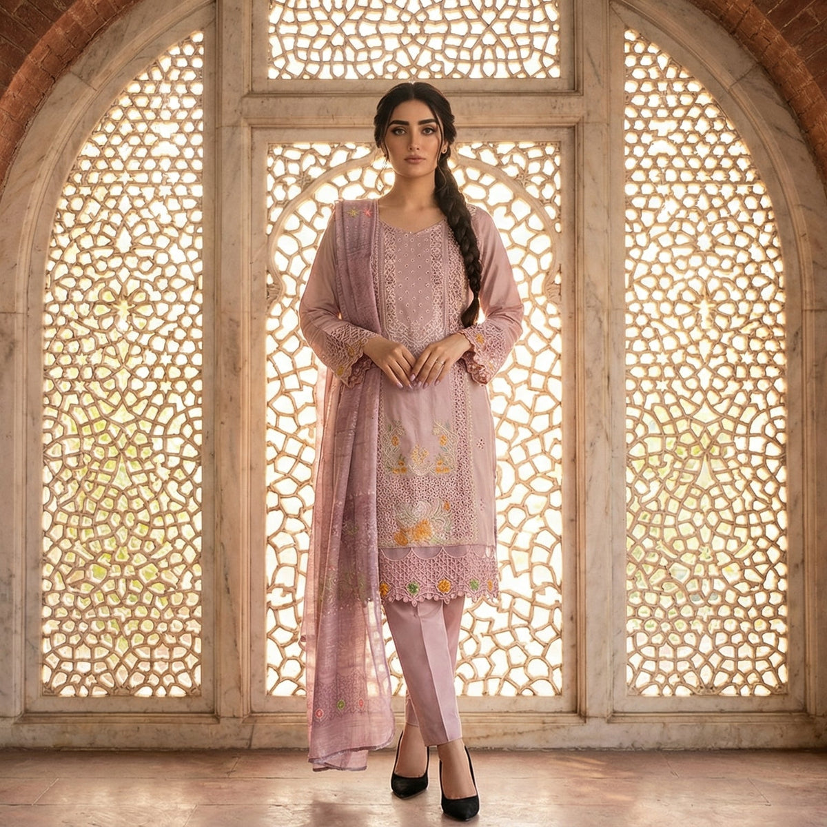 Dusky Rose: Embroidered 3-Piece Cotton Lawn