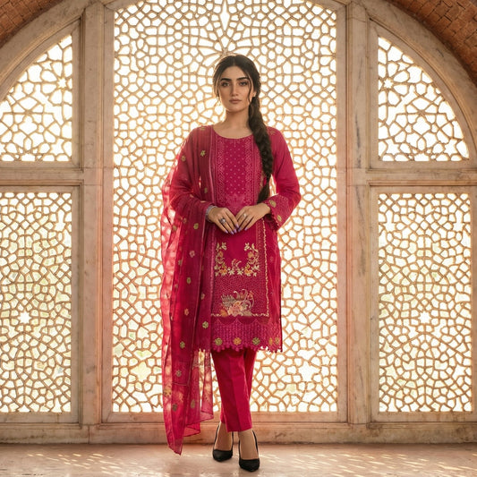 Fuchsia Paradise: Embroidered 3-Piece Cotton Lawn