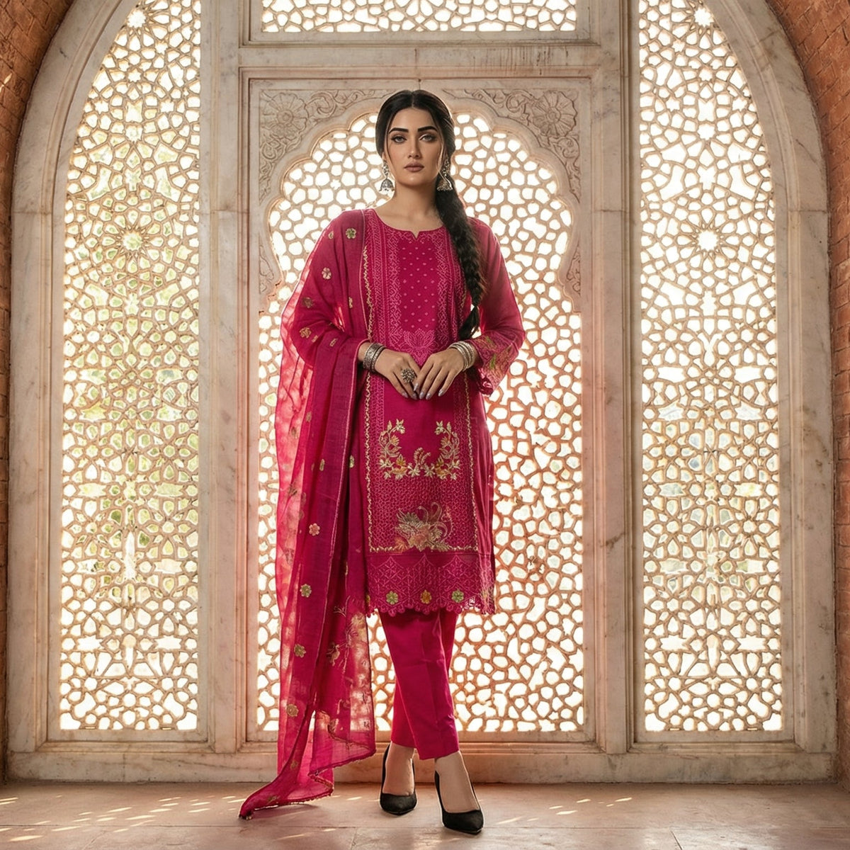 Fuchsia Paradise: Embroidered 3-Piece Cotton Lawn