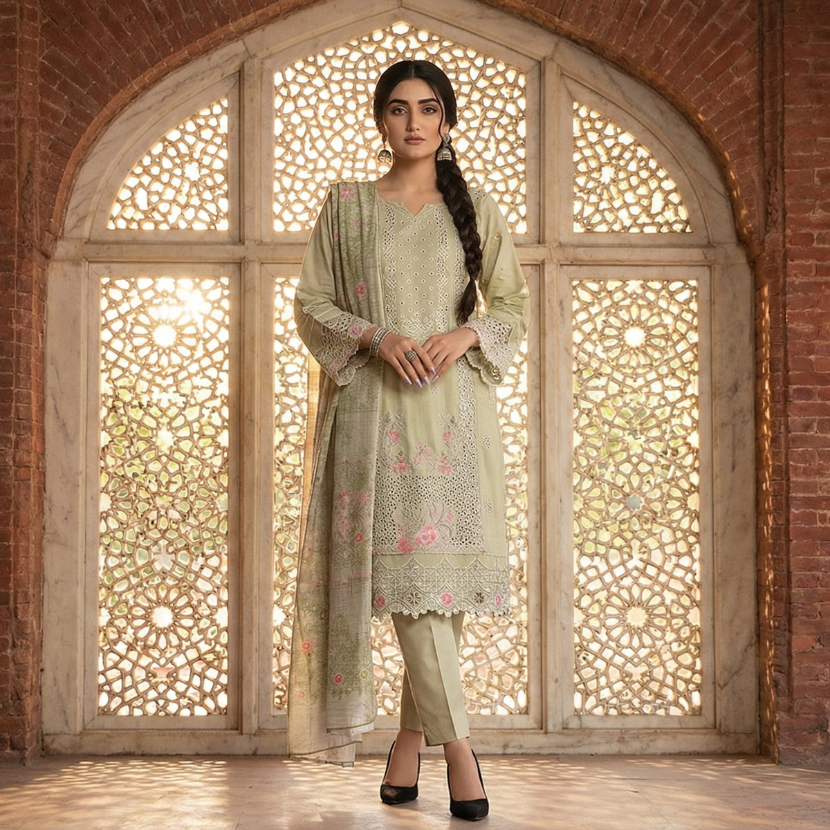 Eucalyptus Garden: Embroidered 3-Piece Cotton Lawn
