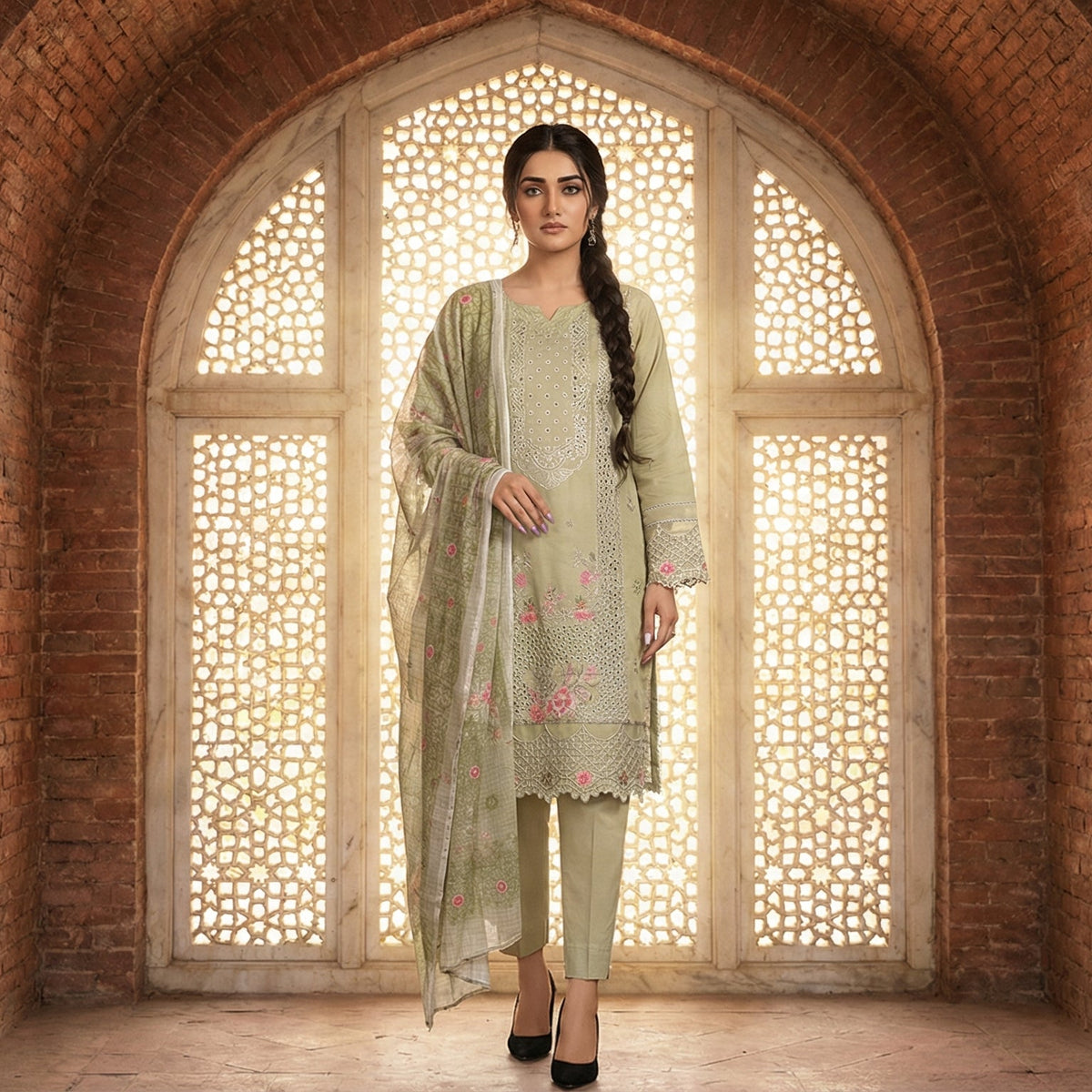 Eucalyptus Garden: Embroidered 3-Piece Cotton Lawn