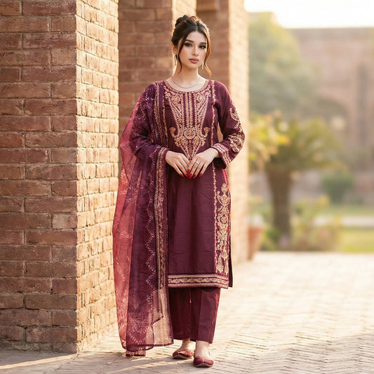 Mah-Veer | Embroidered 3-Piece Cotton-Lawn