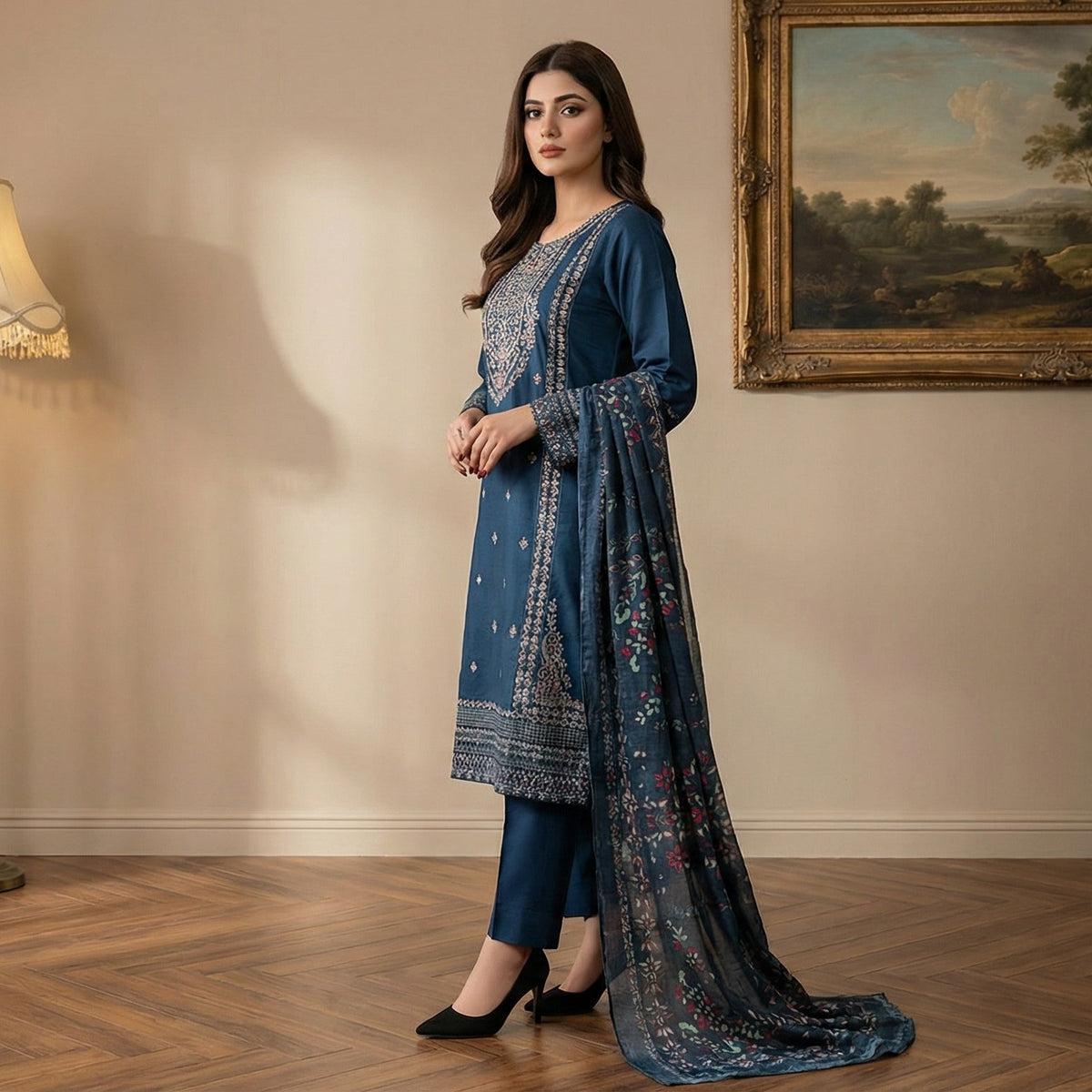 Deep Sapphire: Embroidered 3-Piece Cotton Lawn