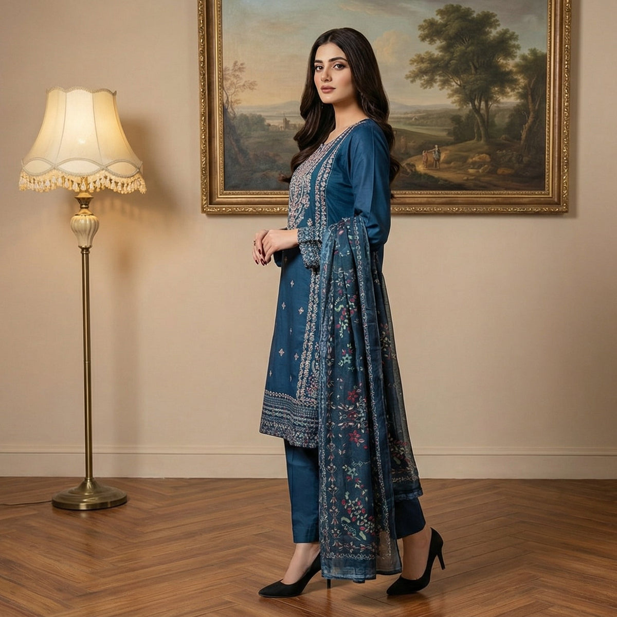 Deep Sapphire: Embroidered 3-Piece Cotton Lawn
