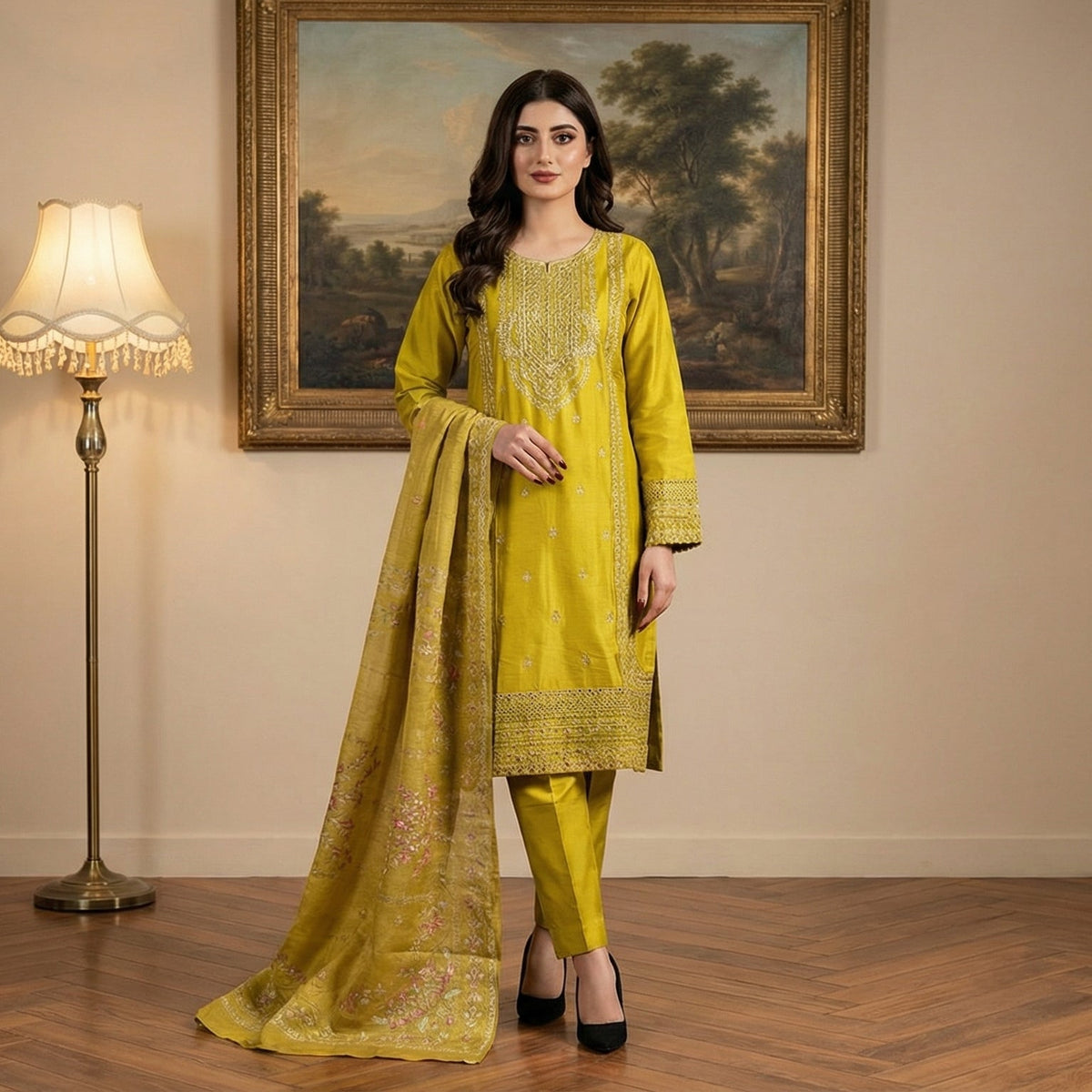 Radiant Olive: Embroidered 3-Piece Cotton Lawn