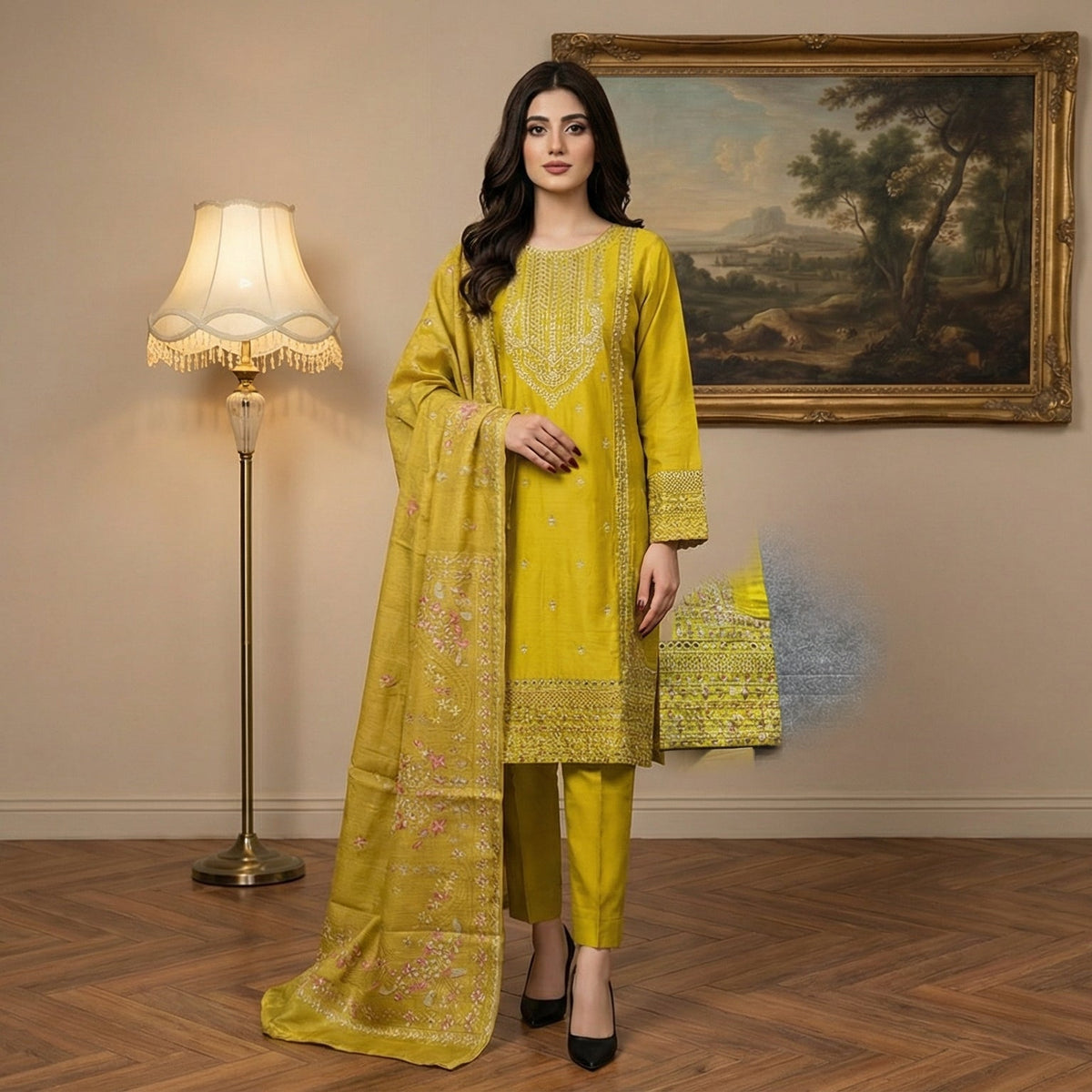 Radiant Olive: Embroidered 3-Piece Cotton Lawn