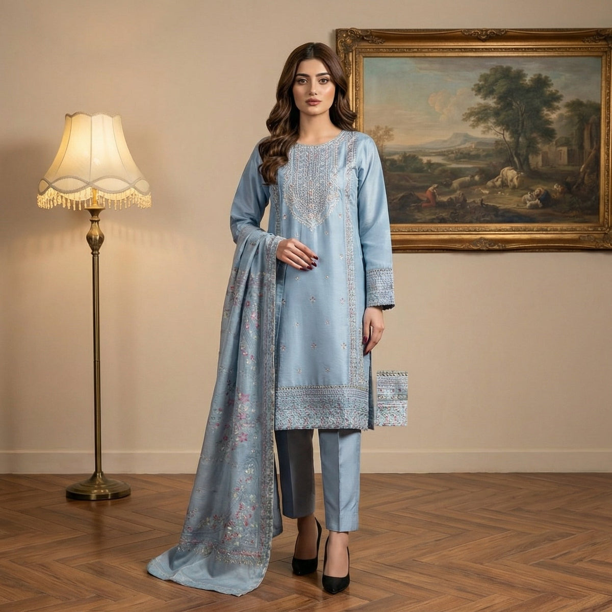 Cerulean Mist: Embroidered 3-Piece Cotton Lawn