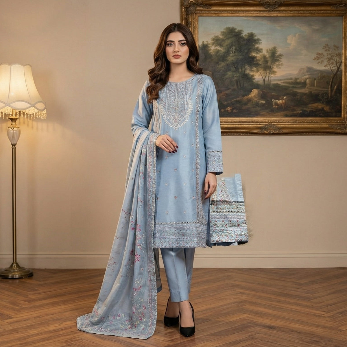 Cerulean Mist: Embroidered 3-Piece Cotton Lawn