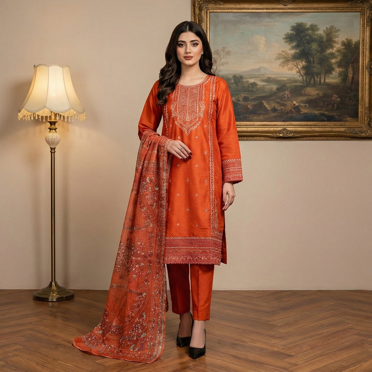 Terracotta Sunset: Embroidered 3-Piece Cotton Lawn