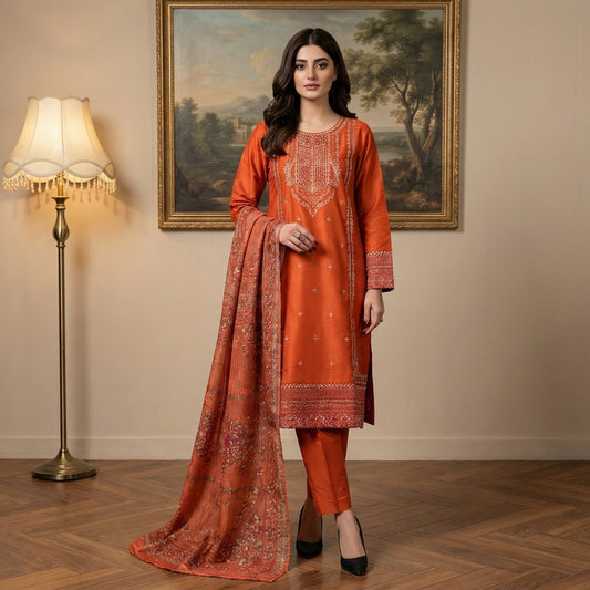 Terracotta Sunset: Embroidered 3-Piece Cotton Lawn