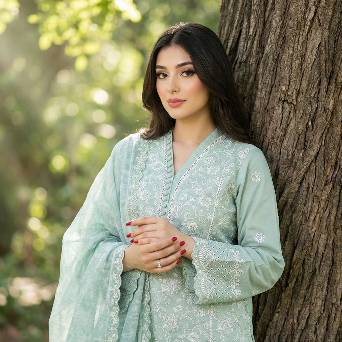 Celestial Mint: Embroidered 3-Piece Cotton Lawn